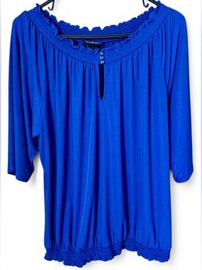 Lane Bryant Blue Flowy Peasant Blouse Shimmery Stretch Size 14/16W